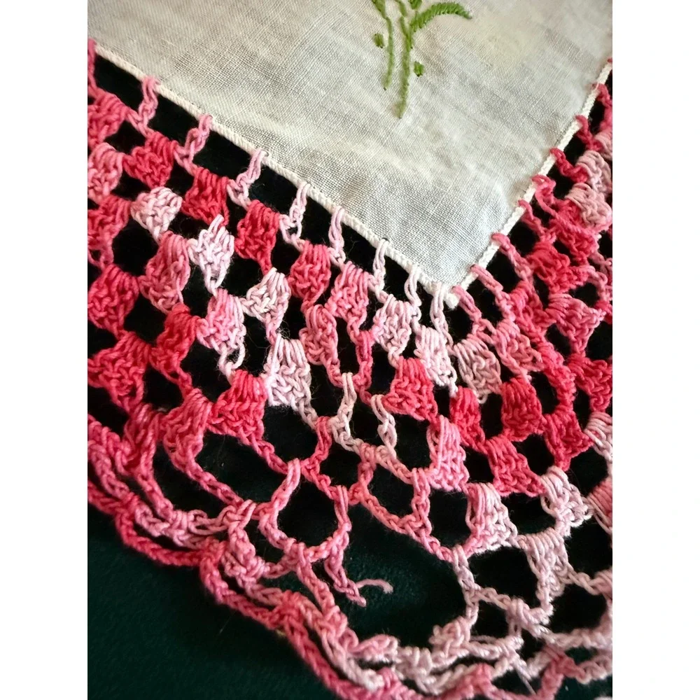 Vintage‎ Floral Handkerchief Set Pink White Lace Embroidered Cotton 3 Piece